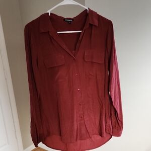 Express Women's Red Button-Up Blouse Burgundy